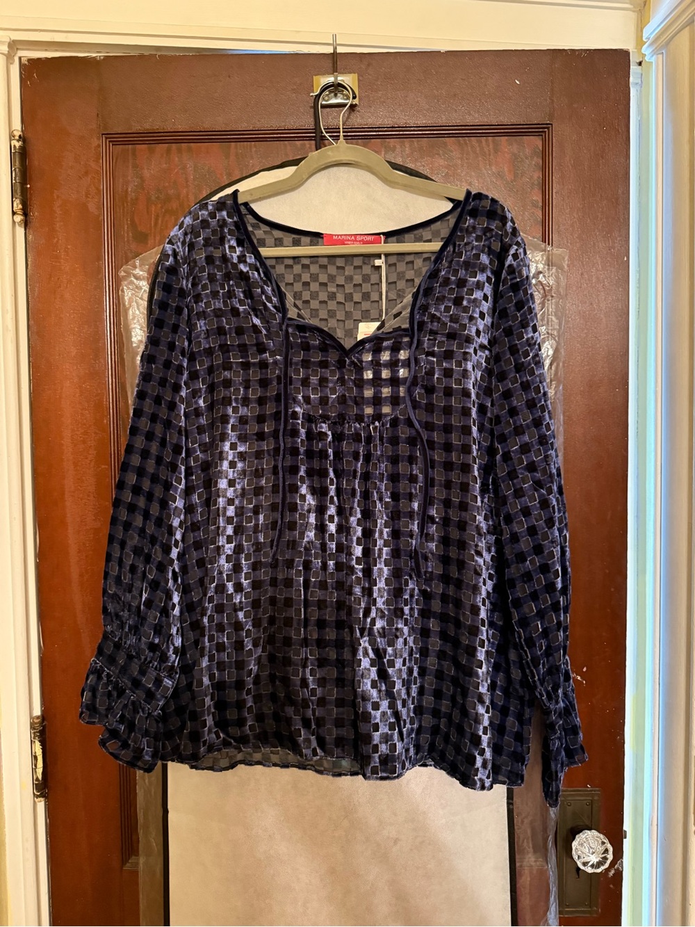 Marina Rinaldi Navy Velvet Check Peasant Blouse